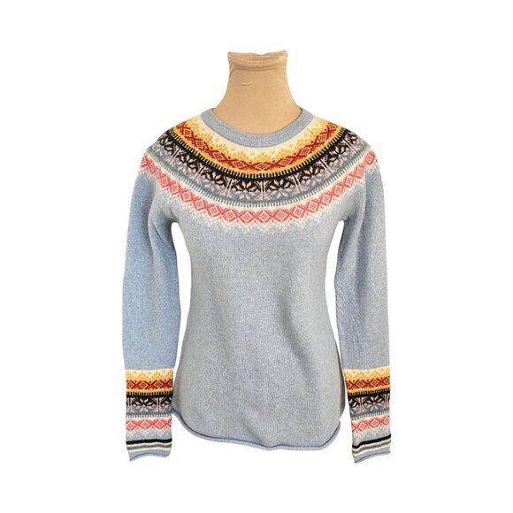 Telluride Blue White Yellow Fair Isle Merino Wool Sweater Sz M - Picture 1 of 8